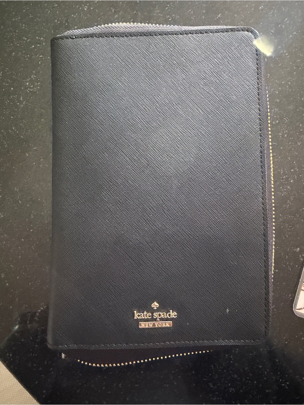 kate spade black zip-around leather organizer with gold logo